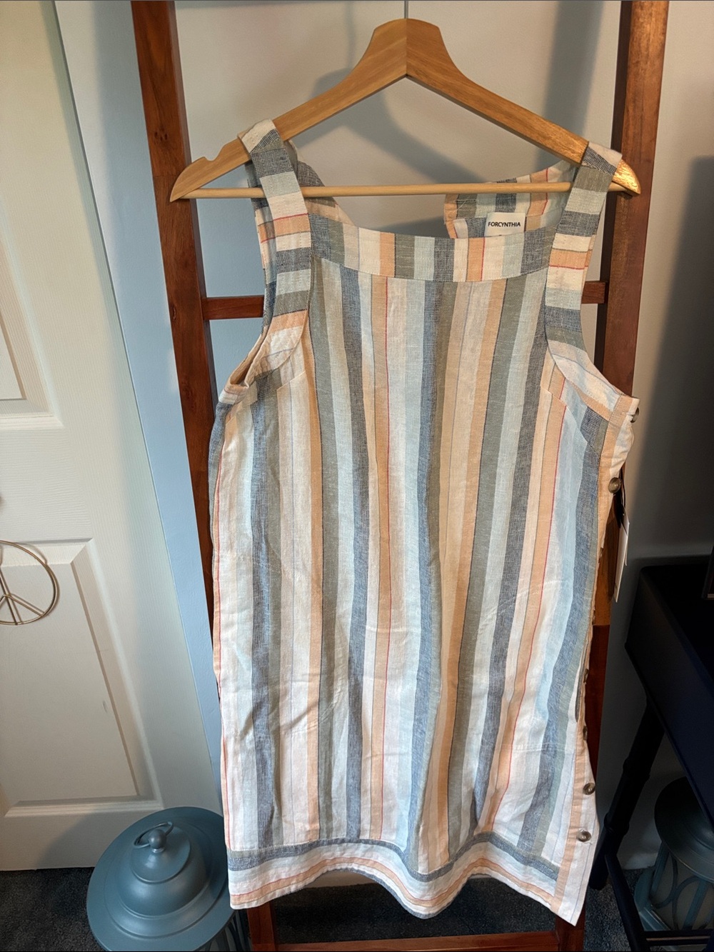 For Cynthia Striped Linen blend  shift Dress in Blue, Cream & Peach NWT Small